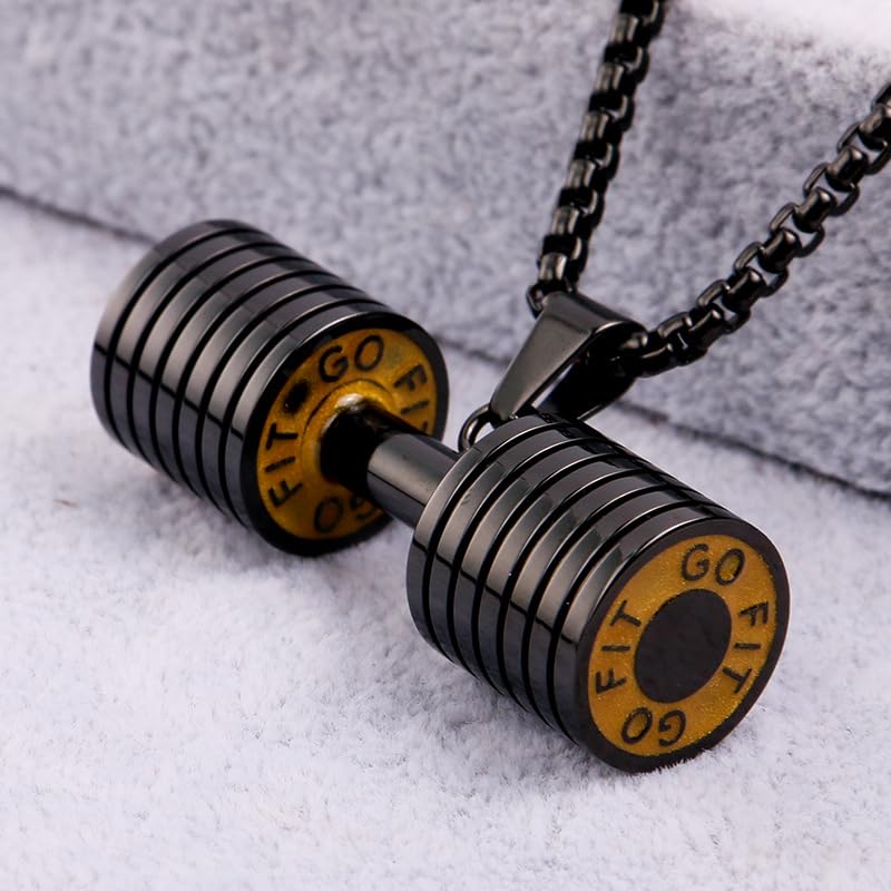 JAJAFOOK Men's Dumbbell Pendant Necklace, Solid 316L Stainless Steel, Fitness Bodybuilding Gym Jewelry, Sweat-Resistant Workout Accessory with 24 Inch Chain Black - Image 3